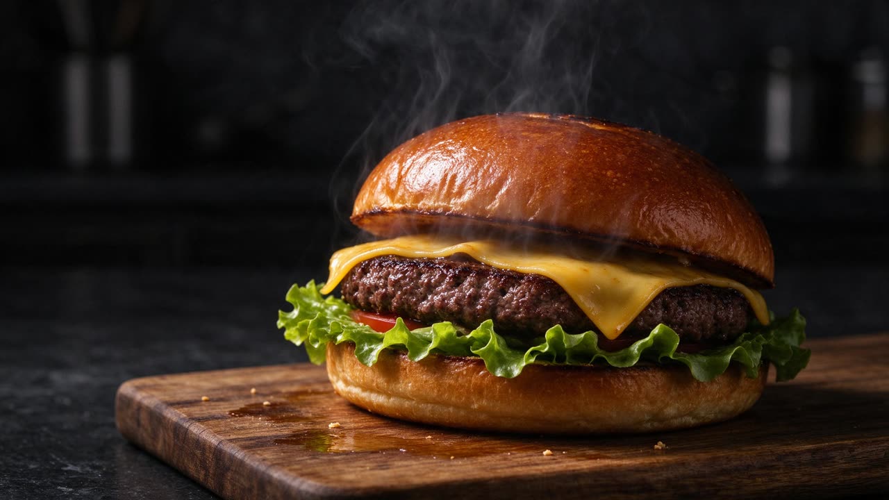 A fresh burger with melting cheese and crispy lettuce on a wooden board, steam rising, dark moody food photography