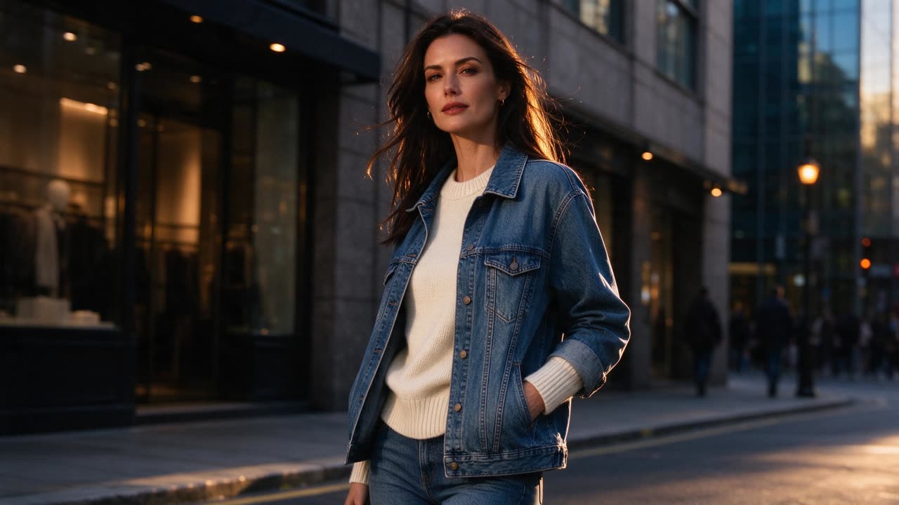 Fashion editorial photo of a model wearing a cream knit sweater and denim jacket, urban street at golden hour, shallow depth of field