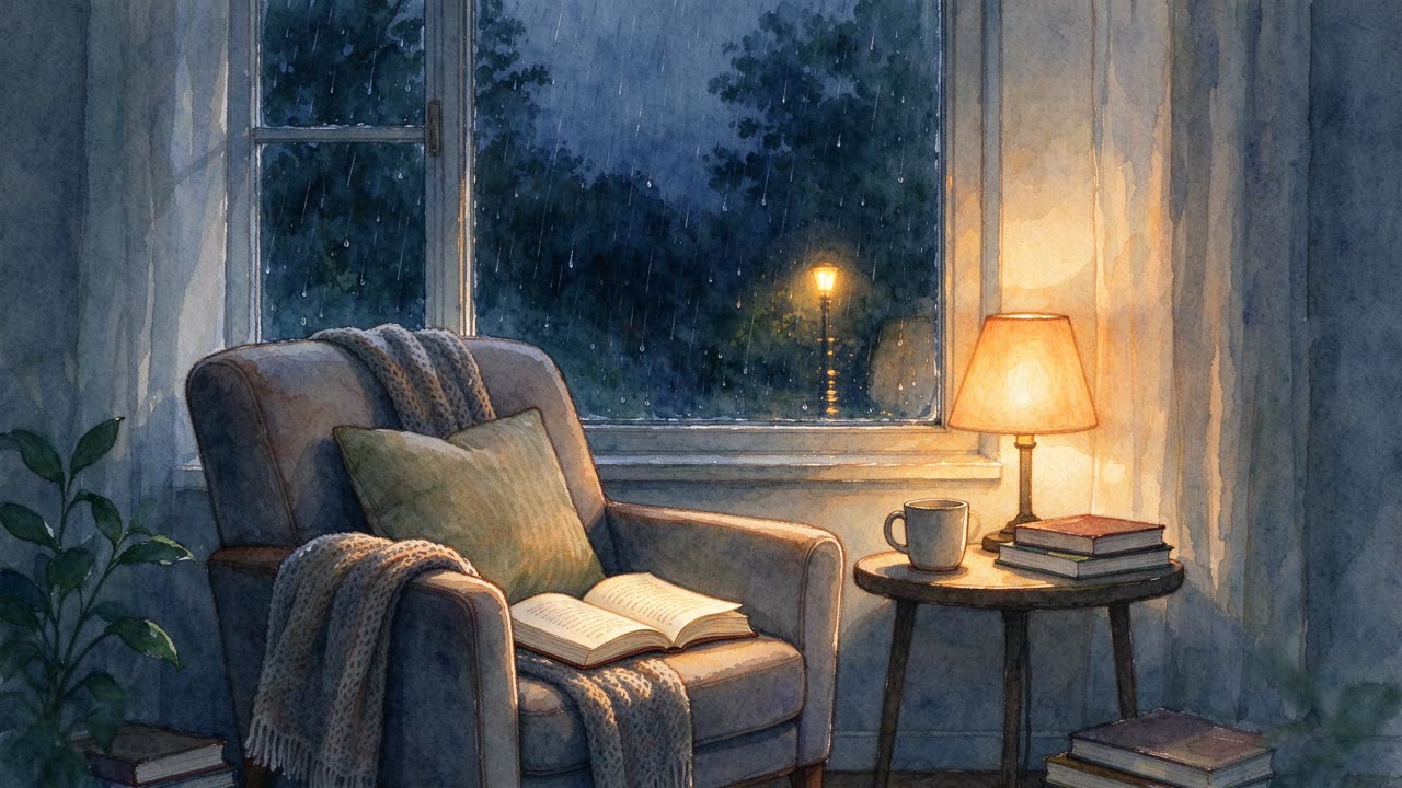 A cozy reading nook by a rainy window, warm lamp light, watercolor style