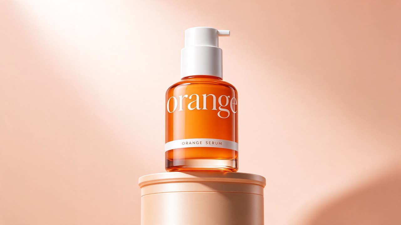 Premium product photo of a bottle of orange skincare serum on a pedestal, soft peach background, studio lighting, minimal luxury ad